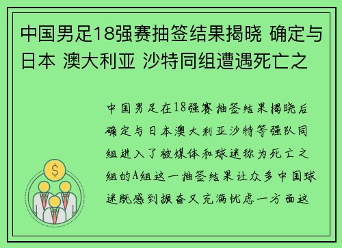 中国男足18强赛抽签结果揭晓 确定与日本 澳大利亚 沙特同组遭遇死亡之组